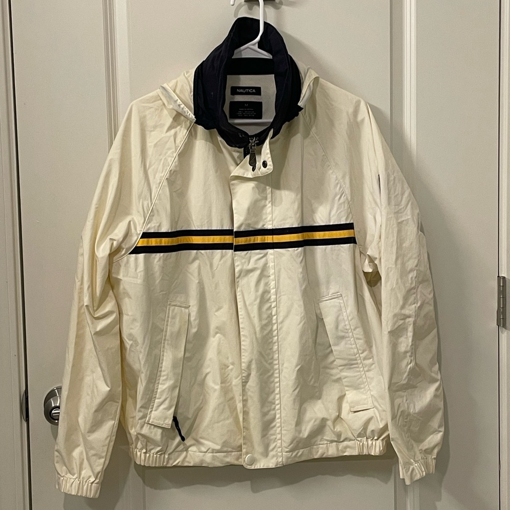 Nautica medium cream blue strip Windbreaker Jacket preppy hike fish sail golf